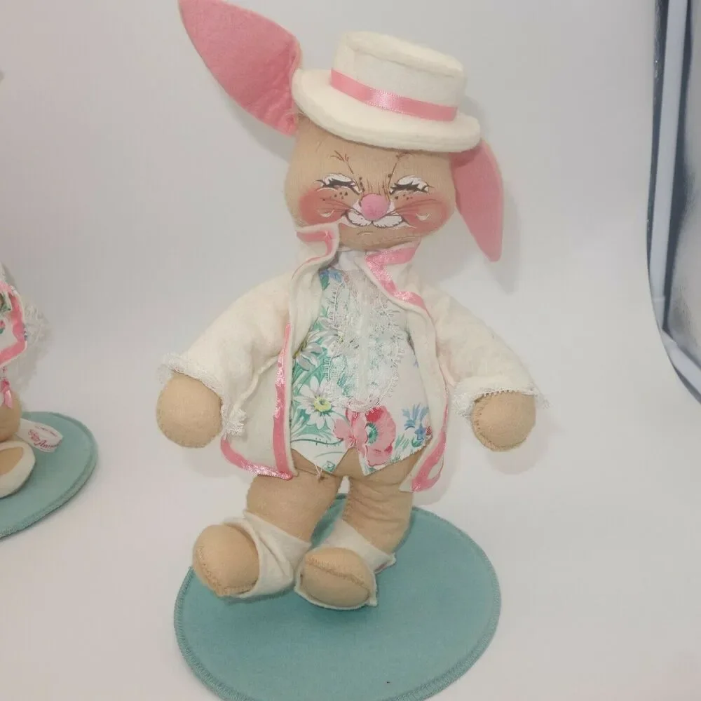 Vintage 1987 Annalee Mr. & Mrs. Easter Bunny Rabbit Pair Couple Parasol Poseable - Picture 2 of 12